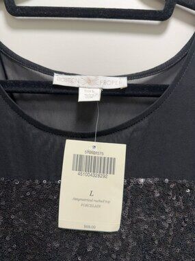 NWT Boston Proper Black Sequin Mesh Peplum Top Size L